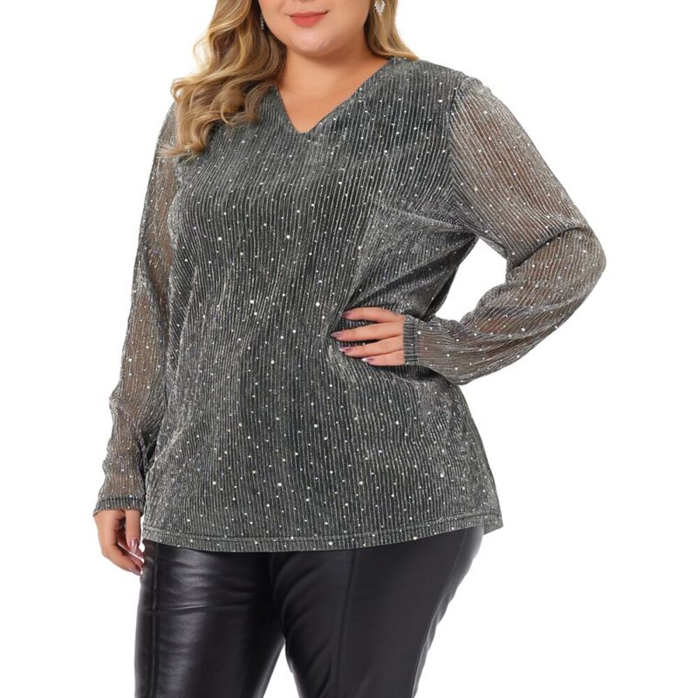 Plus Size Sequin Tops Women Long Sleeve Glitter Shirt Sparkle Blouses Silver